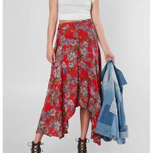 Angie Floral Maxi Skirt Red Button Down Medium Womens Flowy